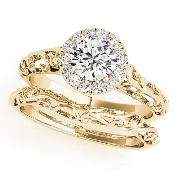 Vintage Filigree Halo Engagement Ring, style 50855, On hand view in yellow gold