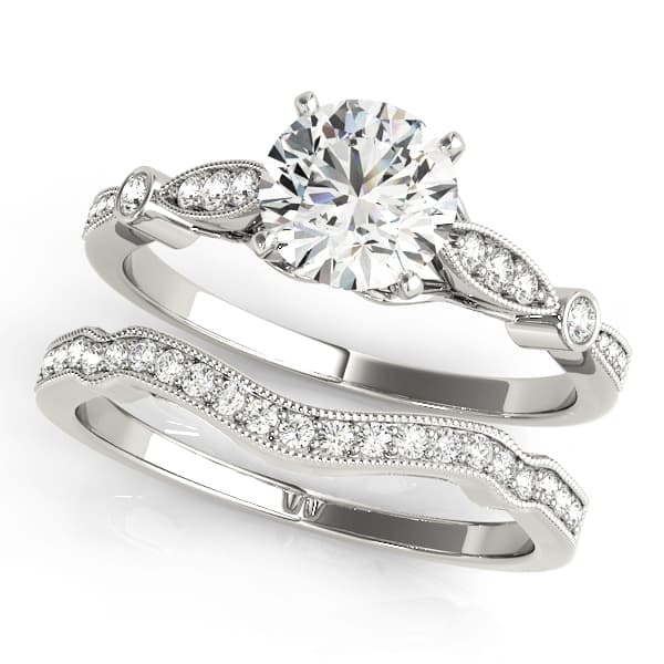 Vintage Inspired Milgrain Edge Engagement Ring, style 50858, On hand view in white gold or platinum