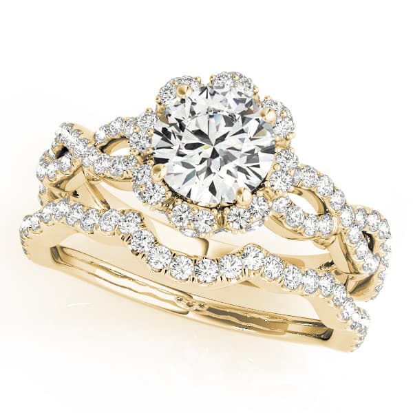Twisted Shank Halo Engagement Ring, style 50870, On hand view in yellow gold