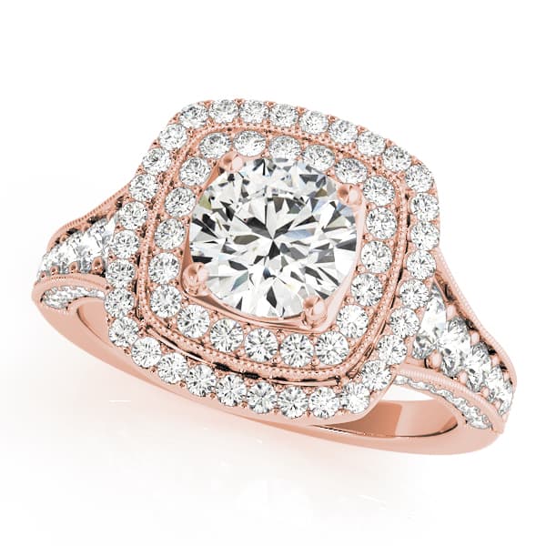 Antique Double Halo Milgrain Engagement Ring, style 50871, Front view in rose gold