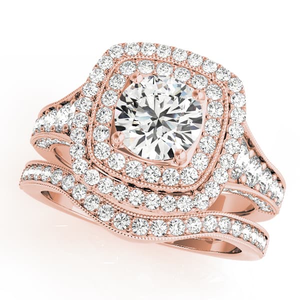 Antique Double Halo Milgrain Engagement Ring, style 50871, On hand view in rose gold