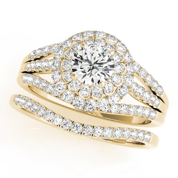 Vintage Multi-Row Double Halo Engagement Ring, style 50872, On hand view in yellow gold