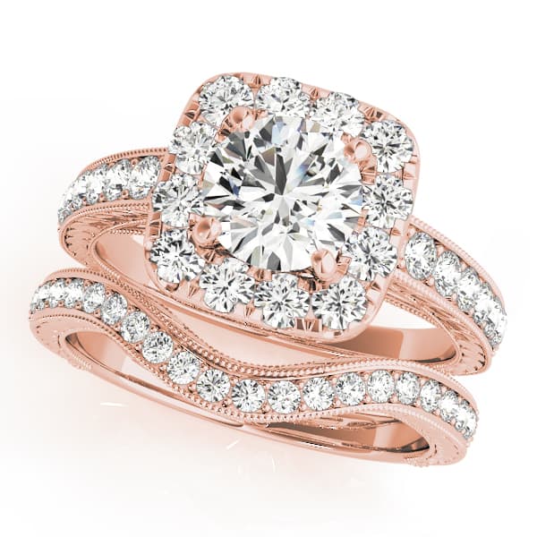 Vintage-Inspired Halo Engagement Ring, style 50875, On hand view in rose gold