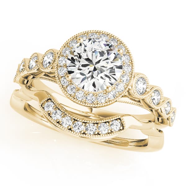 Vintage Infinity Milgrain Halo Engagement Ring, style 50878, On hand view in yellow gold