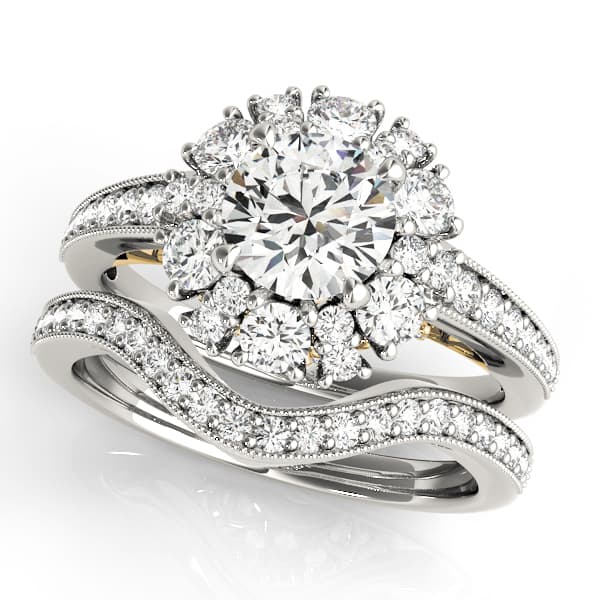 Antique Style Halo Engagement Ring, style 50879, On hand view in yellow gold