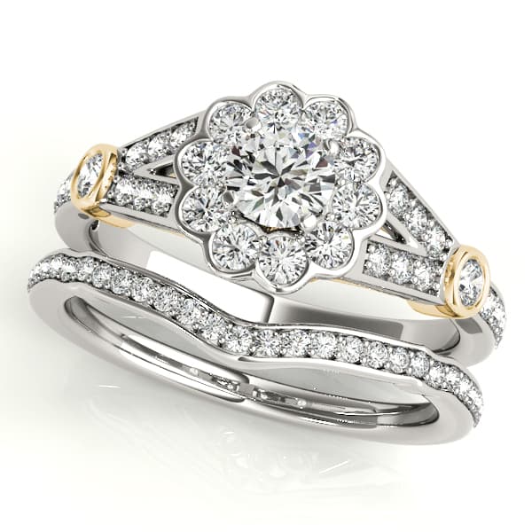 Flower Halo Split Shank Engagement Ring, style 50880, On hand view in yellow gold