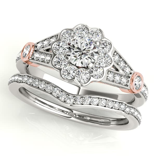 Flower Halo Split Shank Engagement Ring, style 50880, On hand view in rose gold