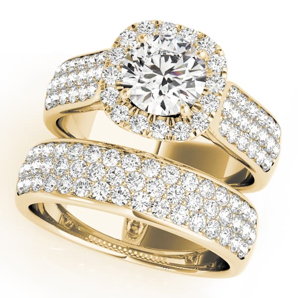 Multi-Row Pavé Halo Engagement Ring, style 50884, On hand view in yellow gold