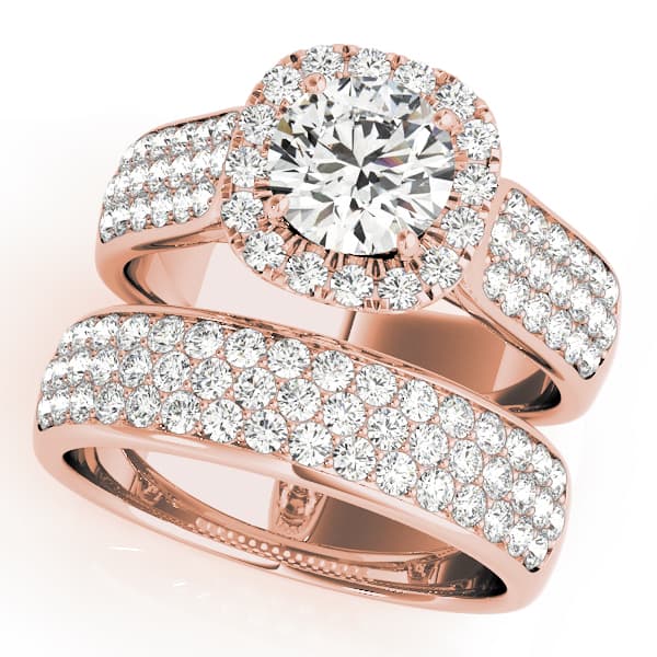 Multi-Row Pavé Halo Engagement Ring, style 50884, On hand view in rose gold