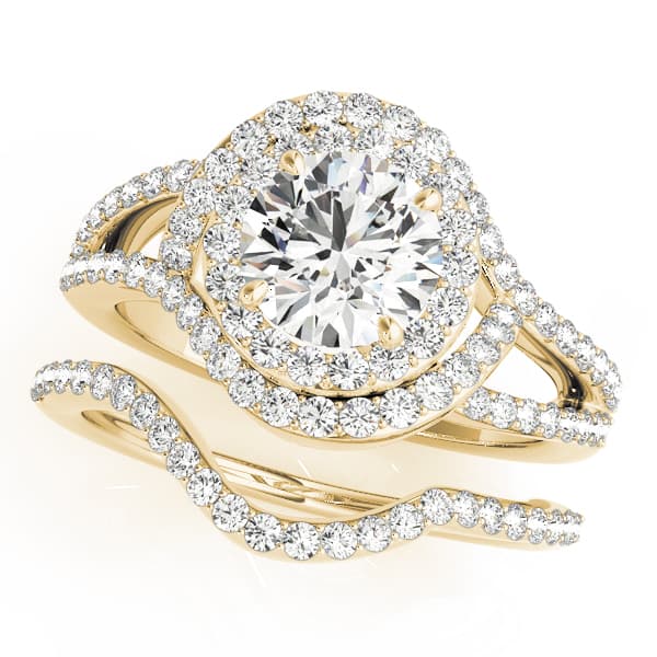 Double Row Split Shank Halo Engagement Ring, style 50890, On hand view in yellow gold
