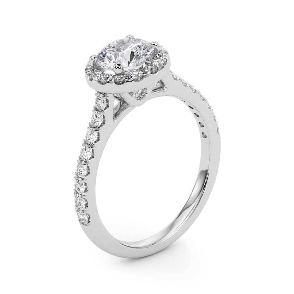 Round Halo Engagement Ring, style 50891, Angle view in white gold or platinum