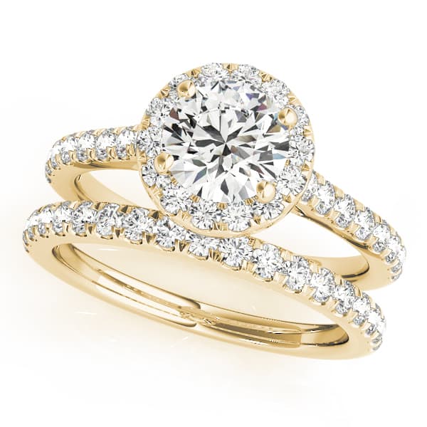 Round Halo Engagement Ring, style 50891, On hand view in yellow gold