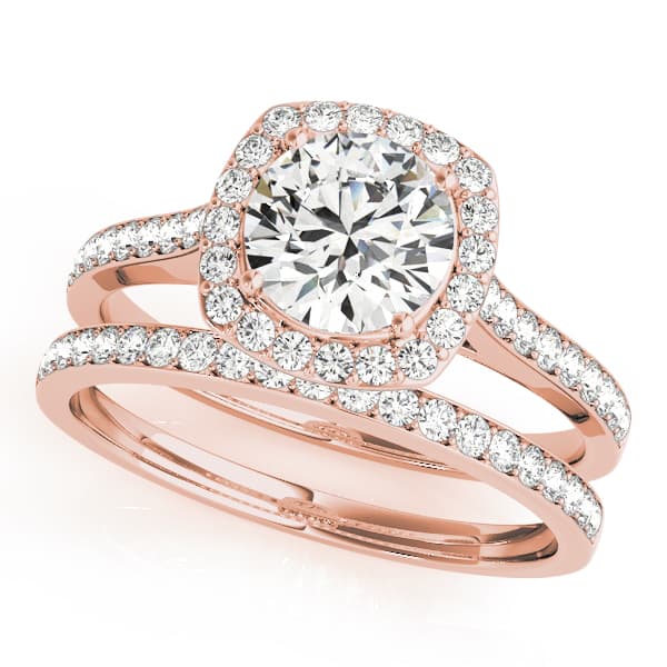 Single Row Halo Engagement Ring, style 50892, On hand view in rose gold