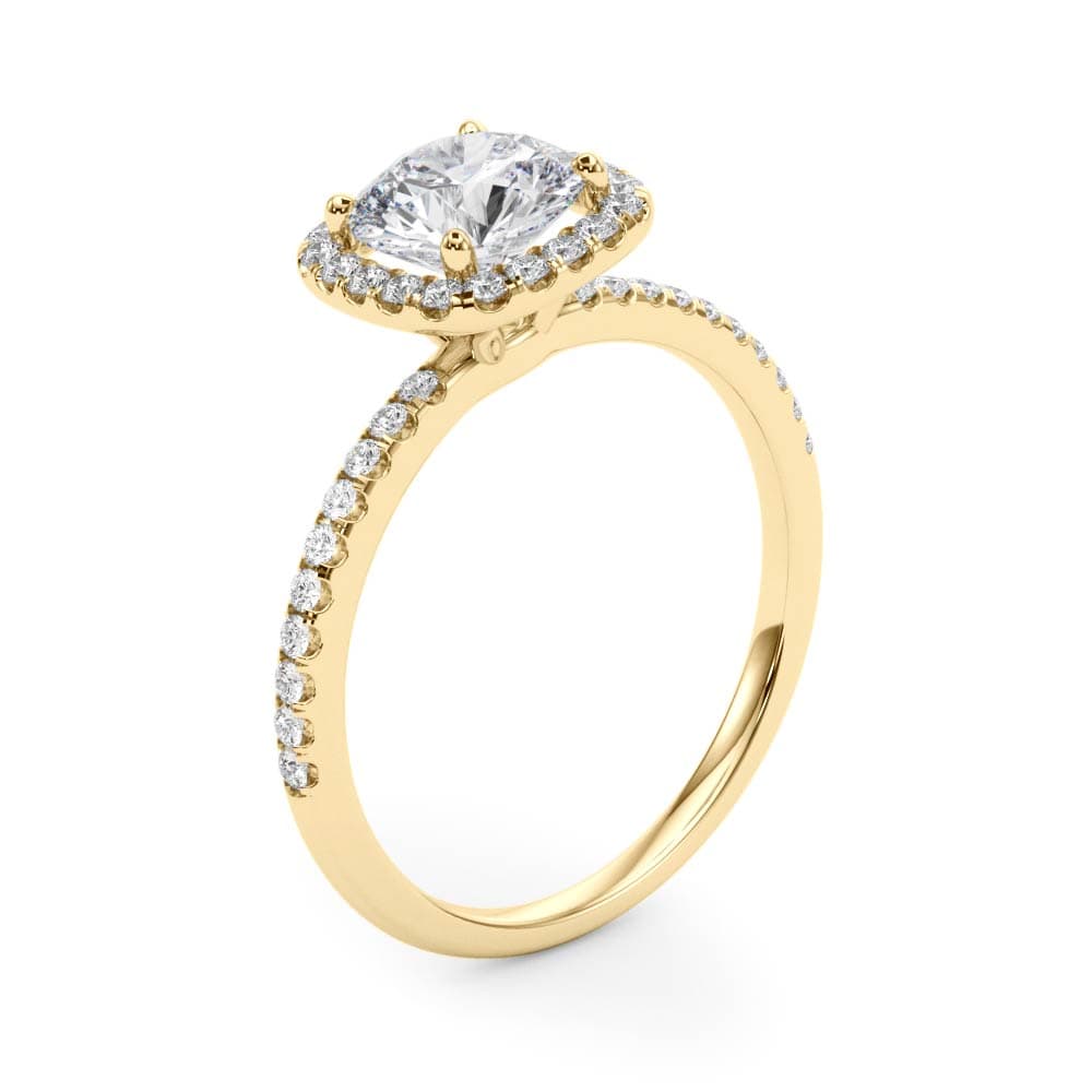 Single Row Prong Set Halo Engagement Ring, style 50893, Angle view in yellow gold