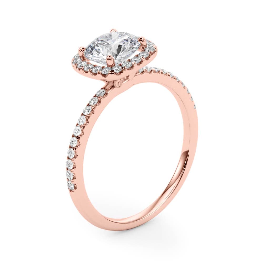 Single Row Prong Set Halo Engagement Ring, style 50893, Angle view in rose gold