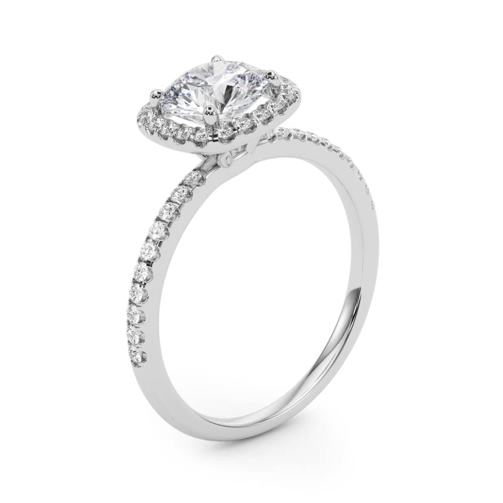 Single Row Prong Set Halo Engagement Ring, style 50893, Angle view in white gold or platinum