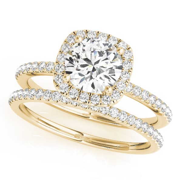 Single Row Prong Set Halo Engagement Ring, style 50893, On hand view in yellow gold