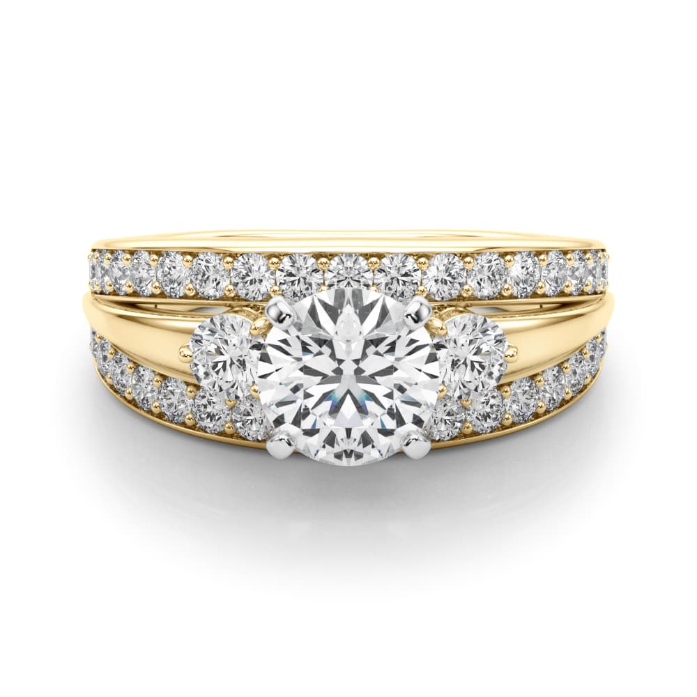3-Stone Multi-Row Split Shank Engagement Ring, style 50899, On hand view in yellow gold