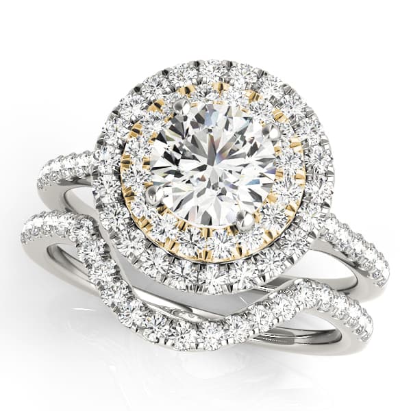 Single Row Double Halo Engagement Ring, style 50900, On hand view in yellow gold