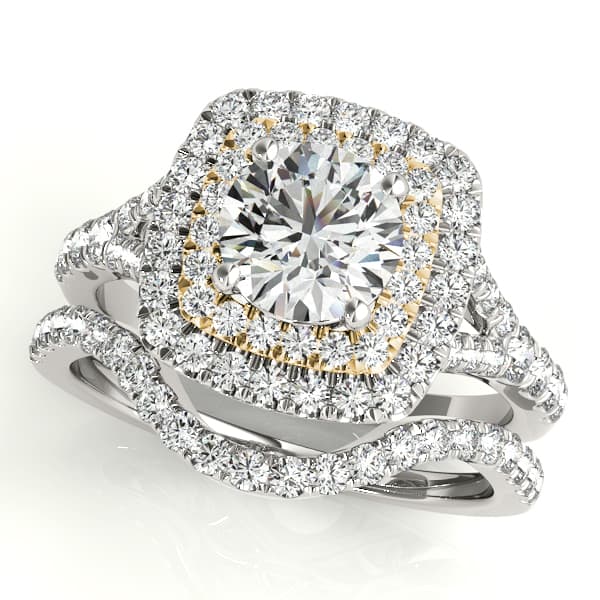 Double Halo Round Split-Shank Engagement Ring, style 50901, On hand view in yellow gold
