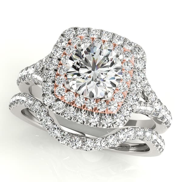 Double Halo Round Split-Shank Engagement Ring, style 50901, On hand view in rose gold