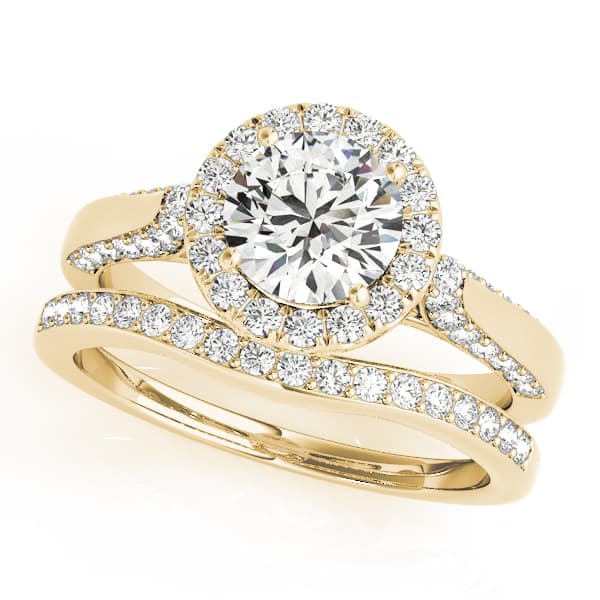 Solitaire Halo Engagement Ring, style 50904, On hand view in yellow gold