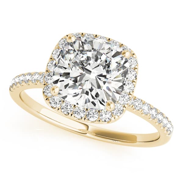 Single Row Cushion Halo Engagement Ring, style 50906, Front view in yellow gold