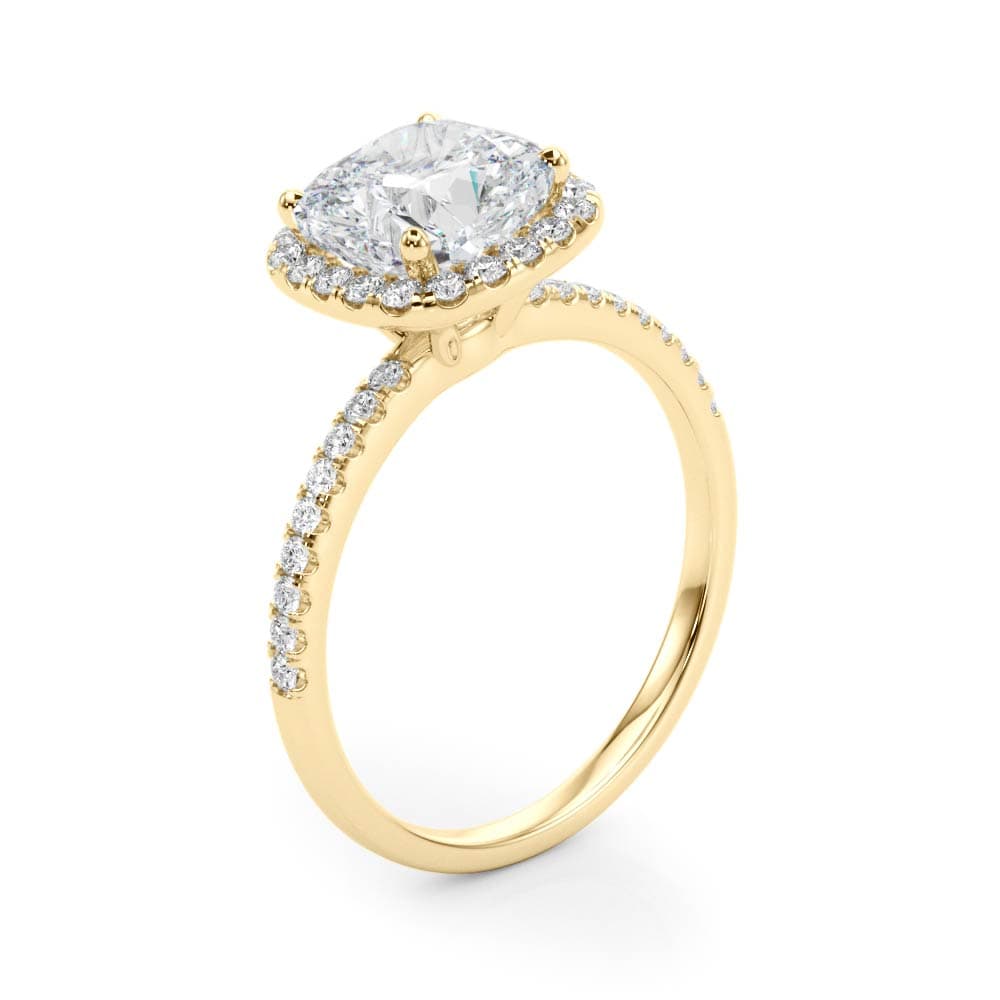 Single Row Cushion Halo Engagement Ring, style 50906, Angle view in yellow gold