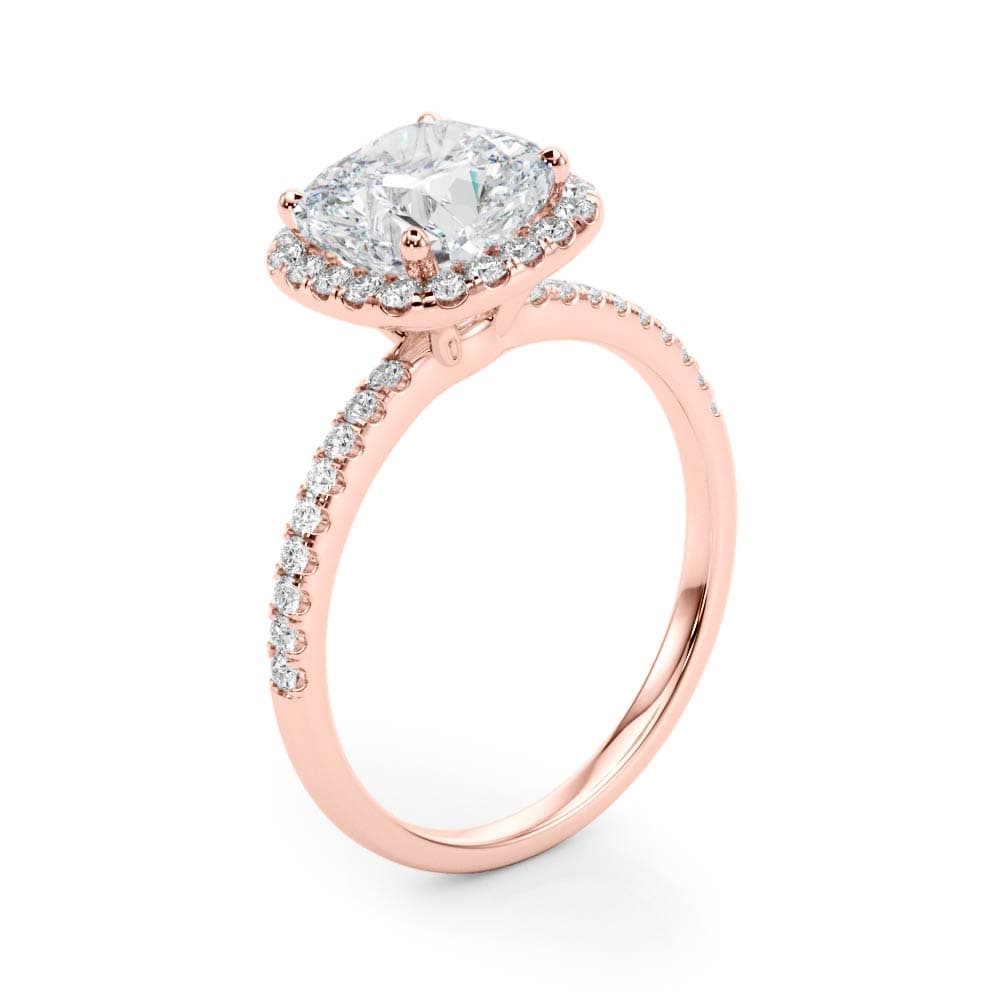 Single Row Cushion Halo Engagement Ring, style 50906, Angle view in rose gold