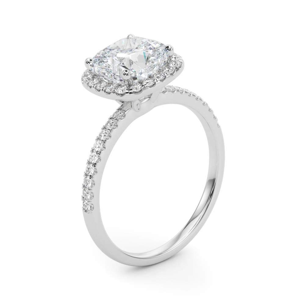Single Row Cushion Halo Engagement Ring, style 50906, Angle view in white gold or platinum