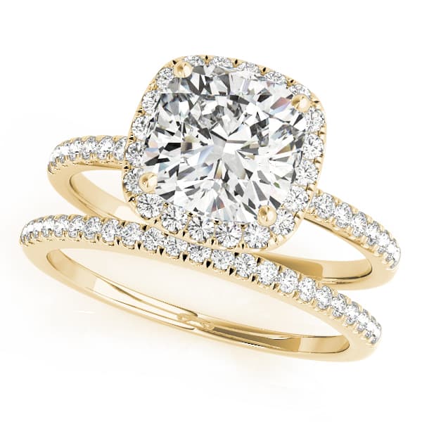 Single Row Cushion Halo Engagement Ring, style 50906, On hand view in yellow gold