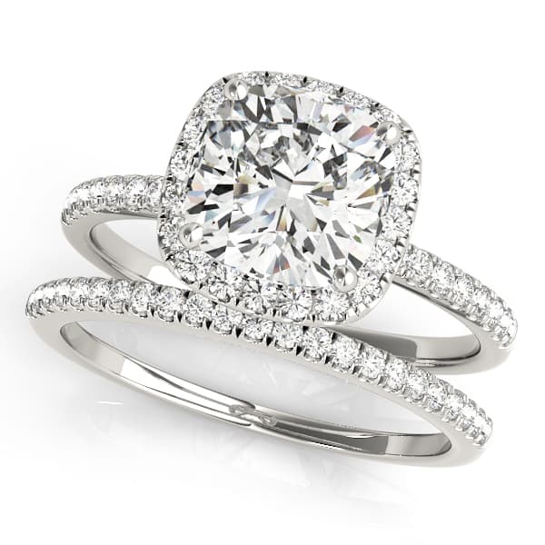 Single Row Cushion Halo Engagement Ring, style 50906, On hand view in white gold or platinum