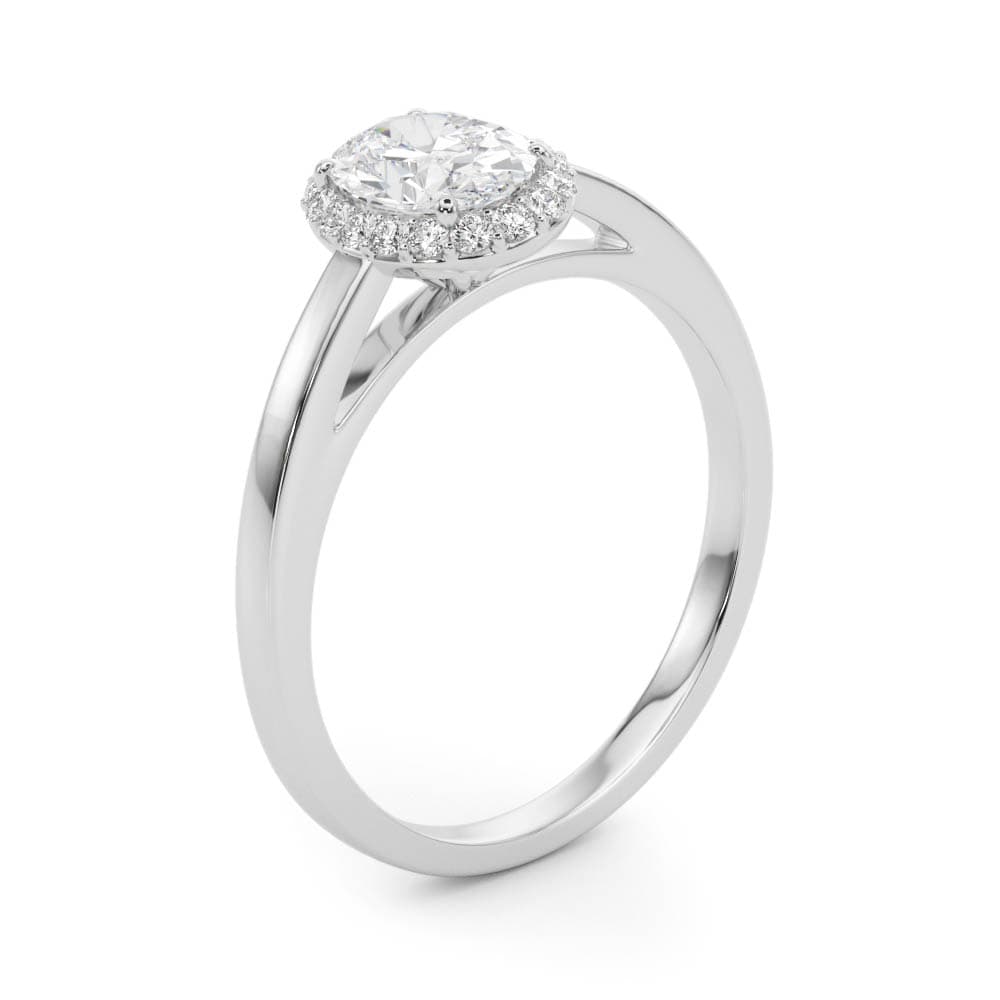 Oval Halo Engagement Ring, style 50916, Angle view in white gold or platinum
