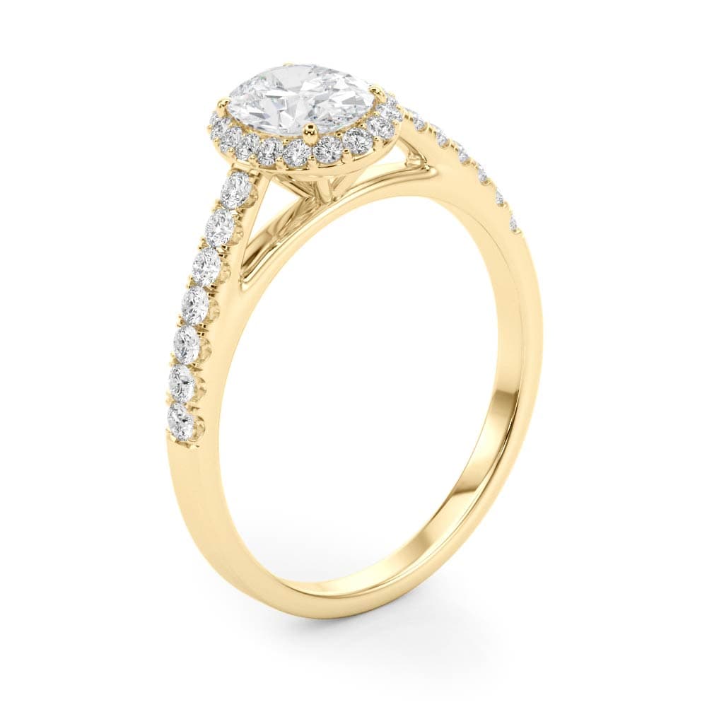 Oval Halo Single Row Engagement Ring, style 50917, Angle view in yellow gold