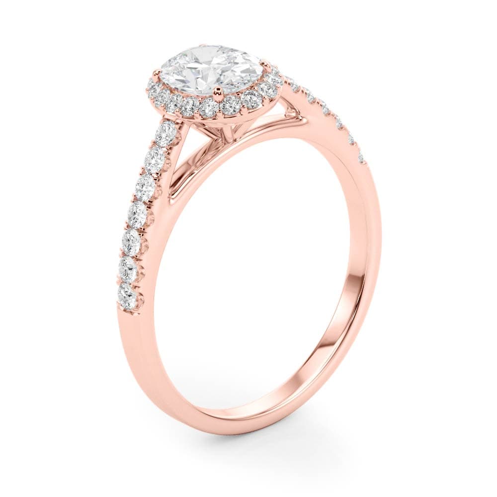 Oval Halo Single Row Engagement Ring, style 50917, Angle view in rose gold