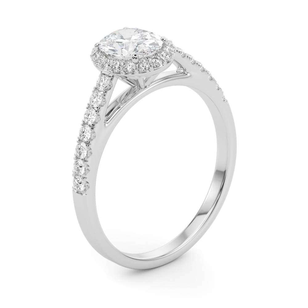 Oval Halo Single Row Engagement Ring, style 50917, Angle view in white gold or platinum