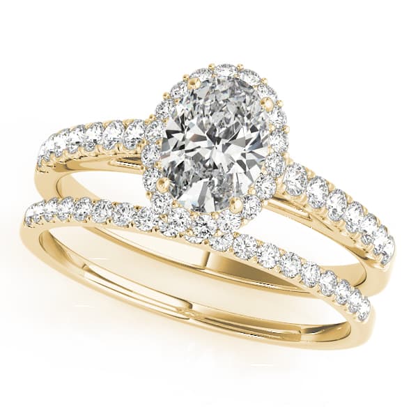 Oval Halo Single Row Engagement Ring, style 50917, On hand view in yellow gold