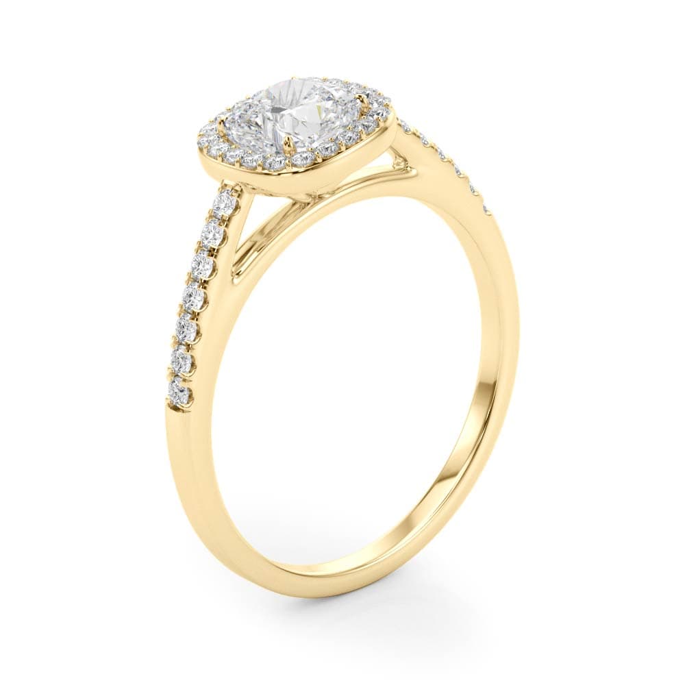 Single Row Square or Cushion Halo Engagement Ring, style 50919, Angle view in yellow gold