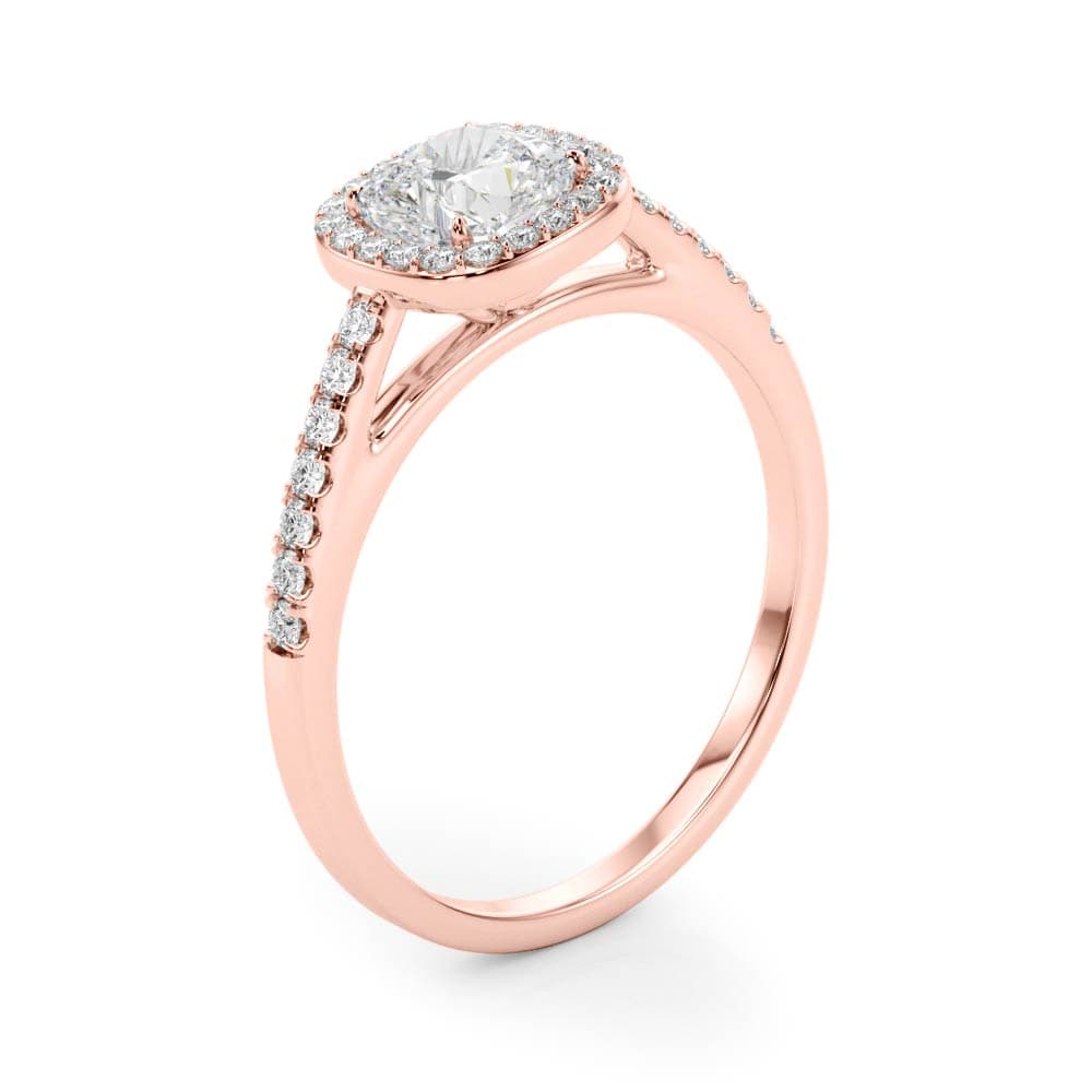Single Row Square or Cushion Halo Engagement Ring, style 50919, Angle view in rose gold