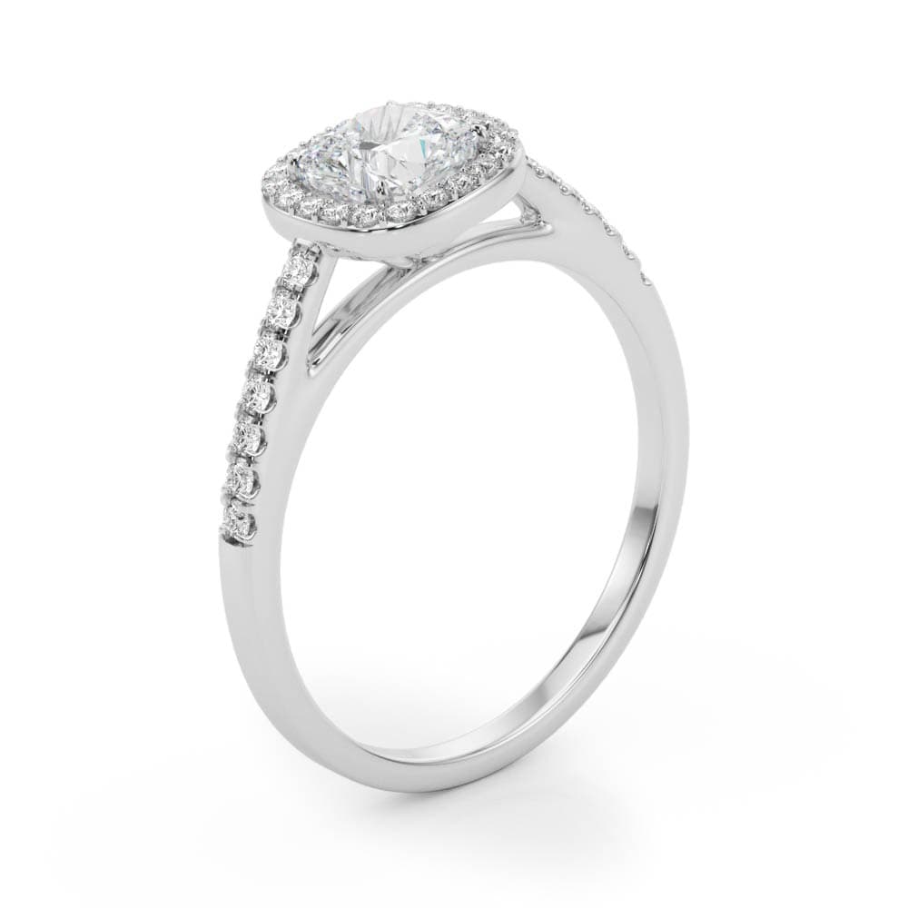 Single Row Square or Cushion Halo Engagement Ring, style 50919, Angle view in white gold or platinum