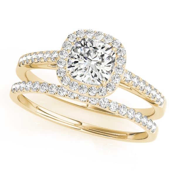 Single Row Square or Cushion Halo Engagement Ring, style 50919, On hand view in yellow gold