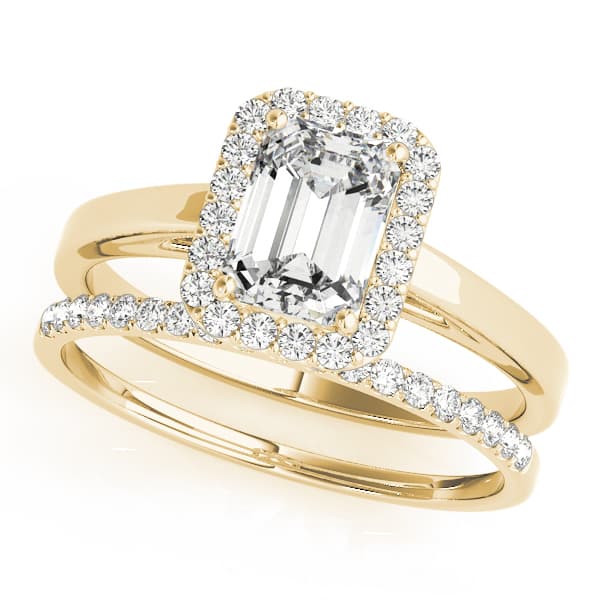 Halo Emerald Cut Engagement Ring, style 50920, On hand view in yellow gold