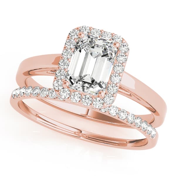 Halo Emerald Cut Engagement Ring, style 50920, On hand view in rose gold