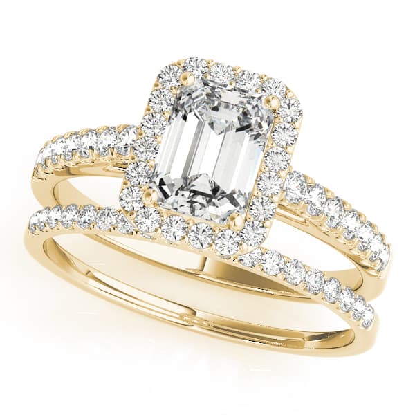 Emerald Cut Halo Engagement Ring, style 50921, On hand view in yellow gold