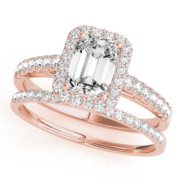 Emerald Cut Halo Engagement Ring, style 50921, On hand view in rose gold