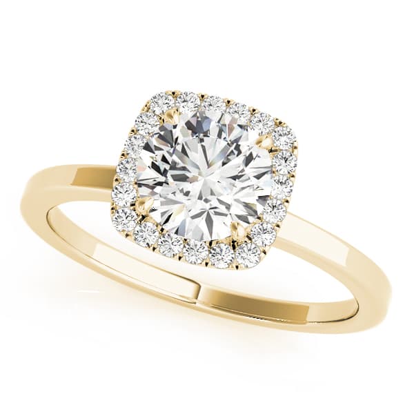 Cushion Shaped Halo Round Engagement Ring, style 50924, Front view in yellow gold