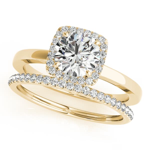Cushion Shaped Halo Round Engagement Ring, style 50924, On hand view in yellow gold
