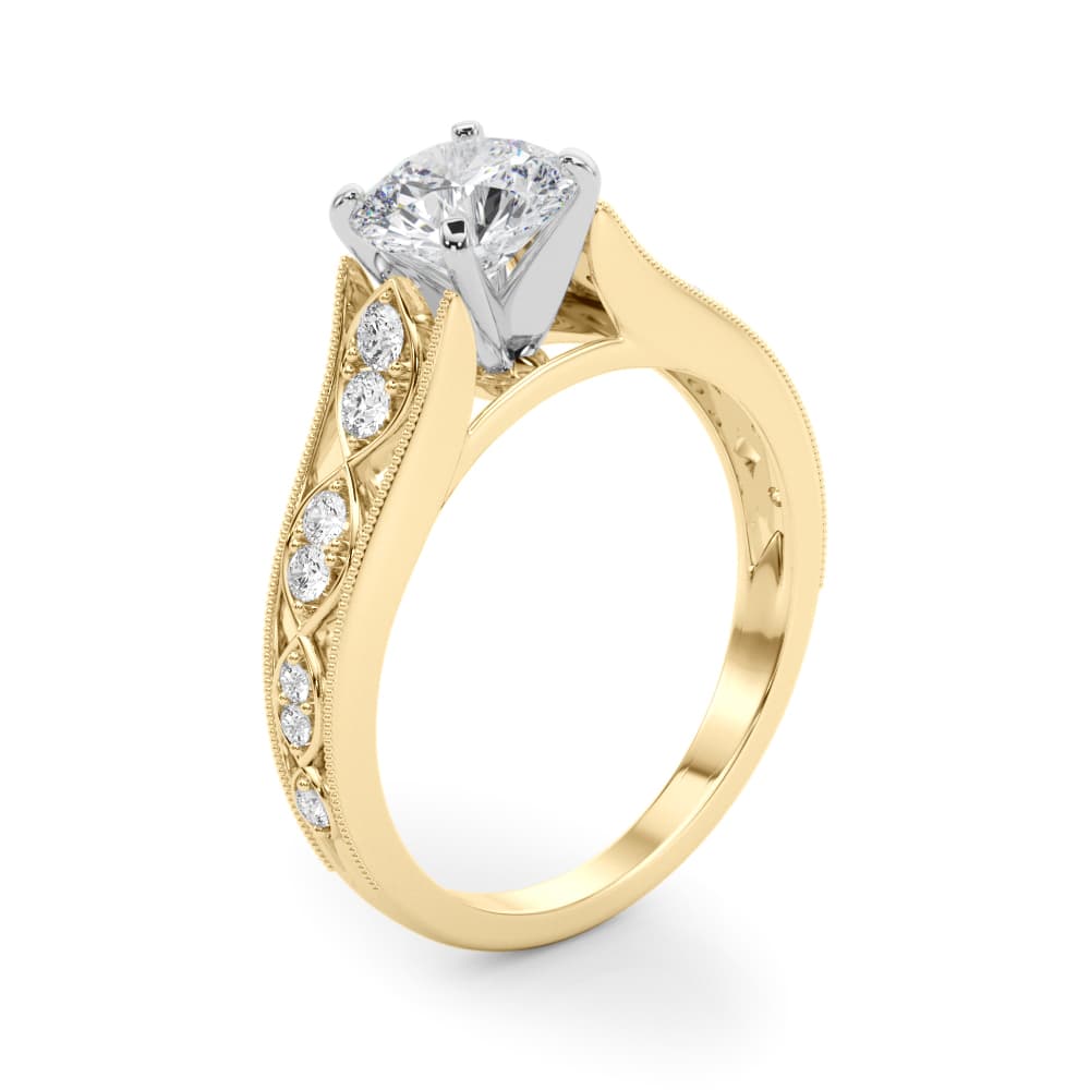Single Row Prong Milgrain Engagement Ring, style 50925, Angle view in yellow gold