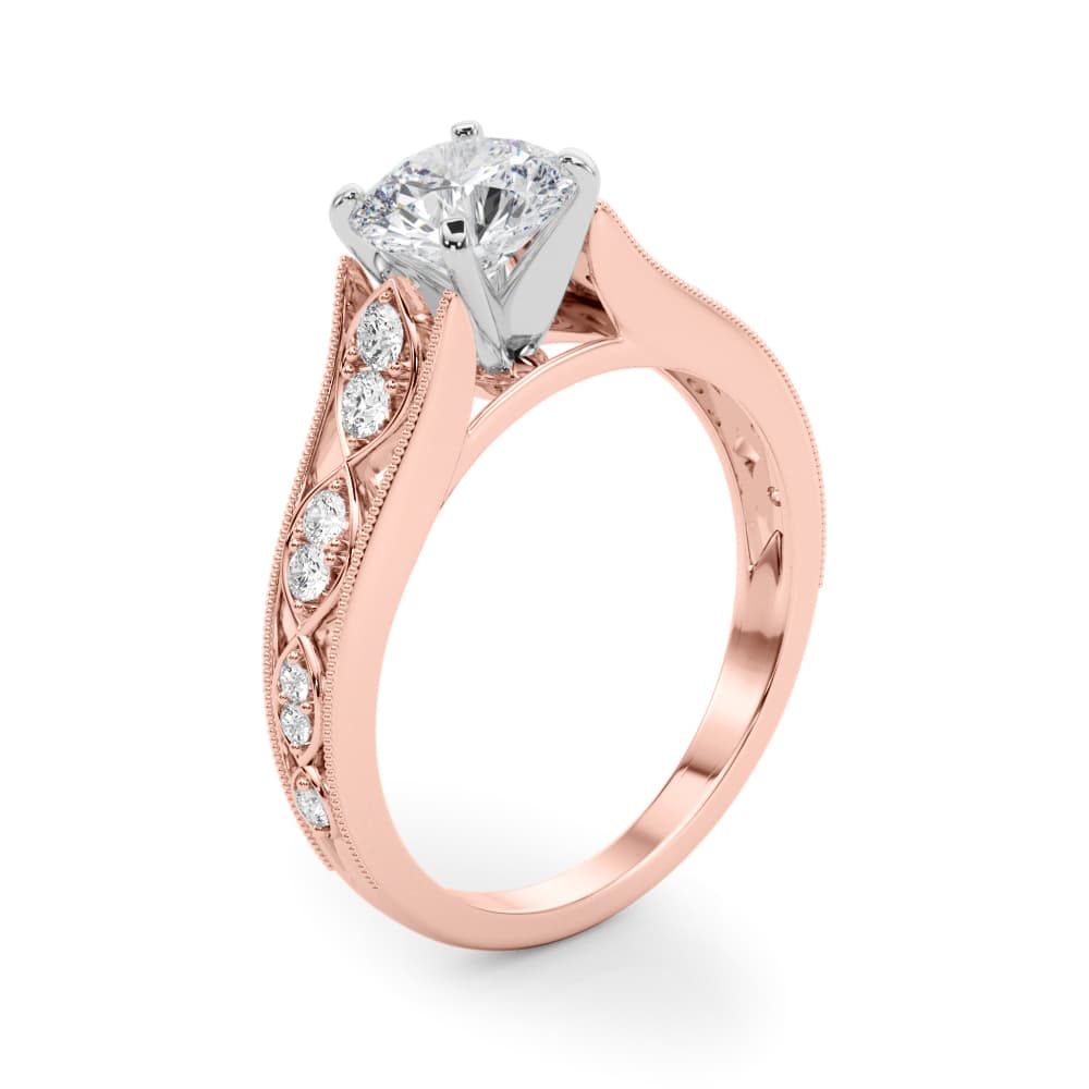 Single Row Prong Milgrain Engagement Ring, style 50925, Angle view in rose gold