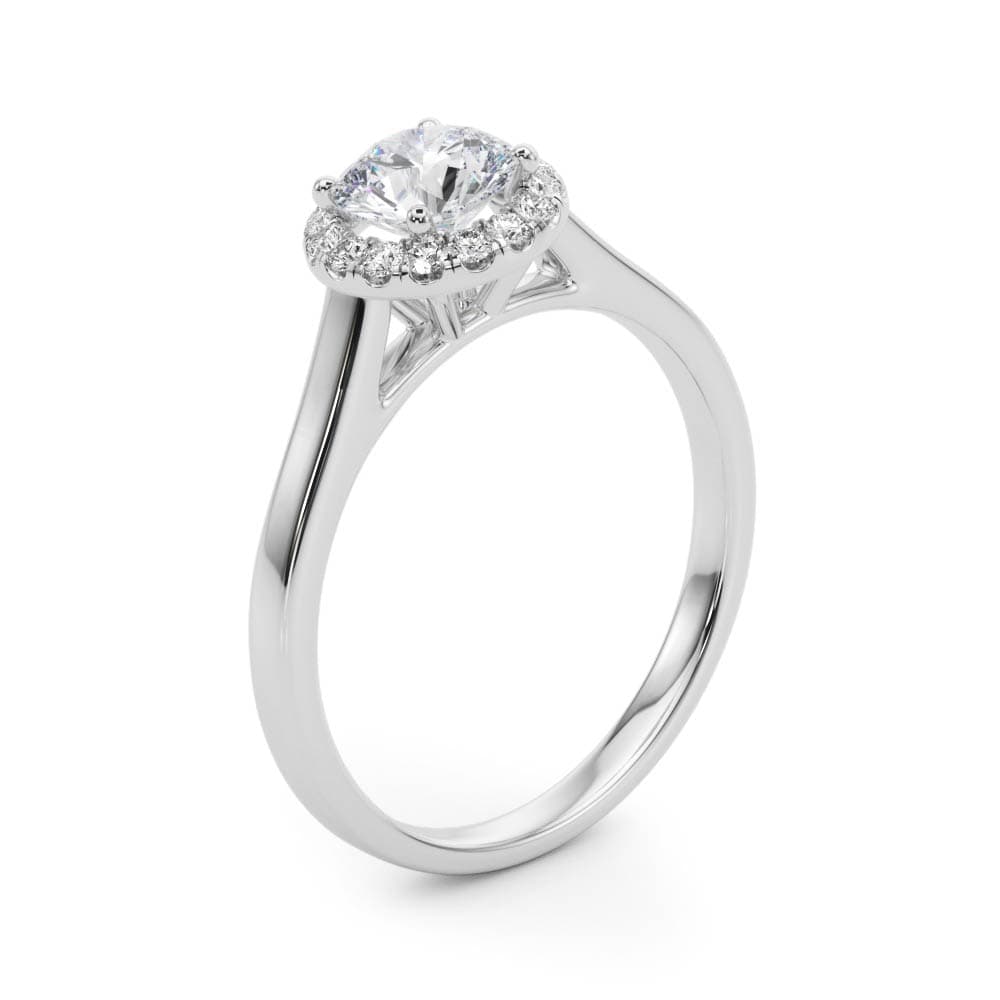 Round Halo Engagement Ring, style 50932, Angle view in white gold or platinum